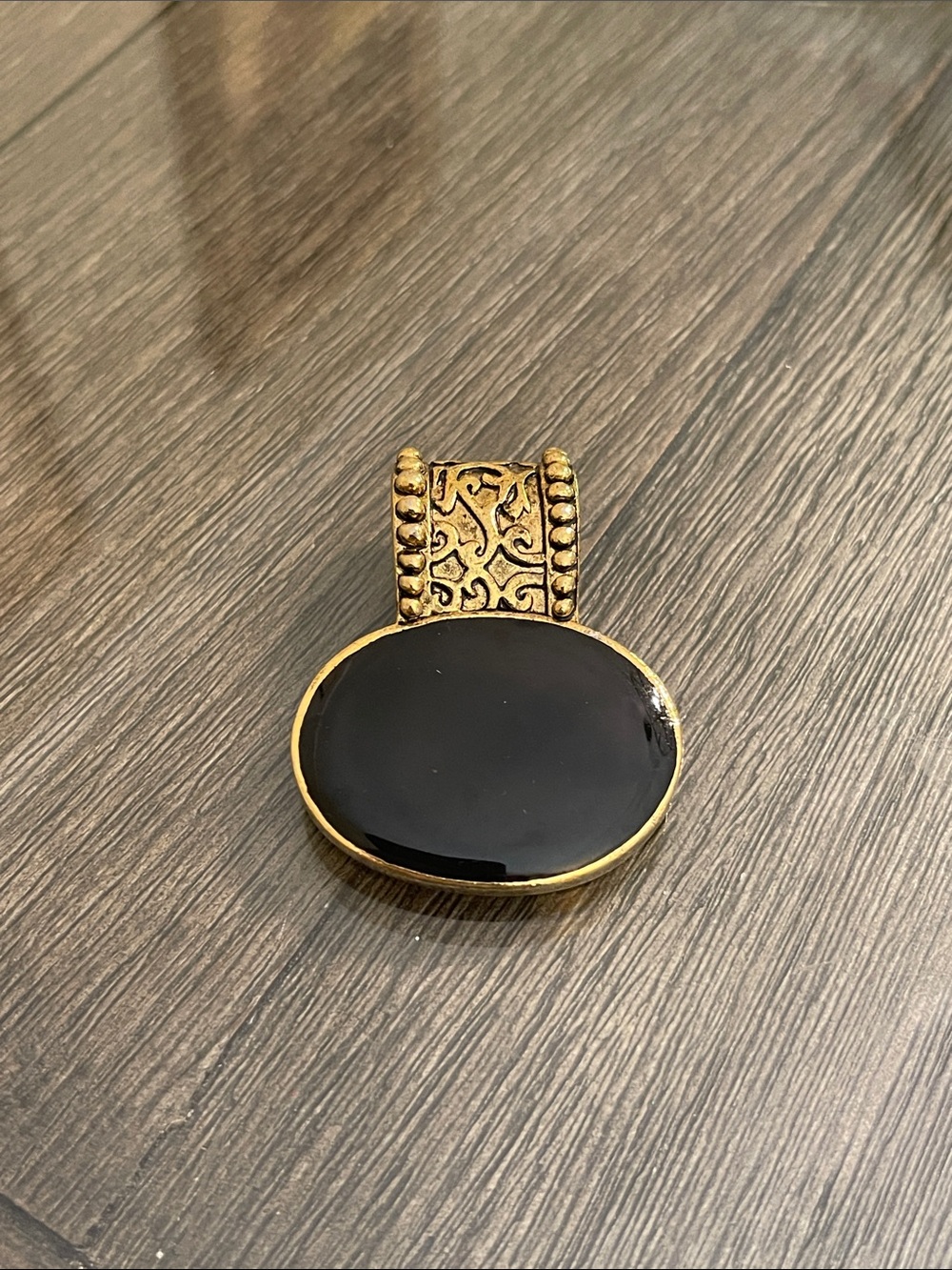 Vintage Style Large Ornate Antique Goldtone Pendant Slide with Black Oval Center